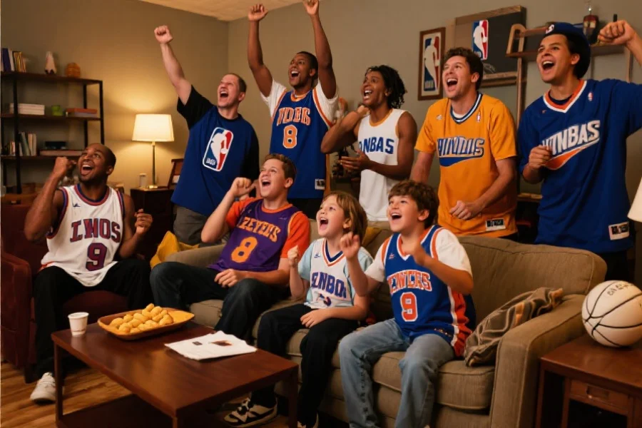 一群不同年龄的篮球迷穿着球队球衣在客厅热情观看NBA比赛，气氛欢快